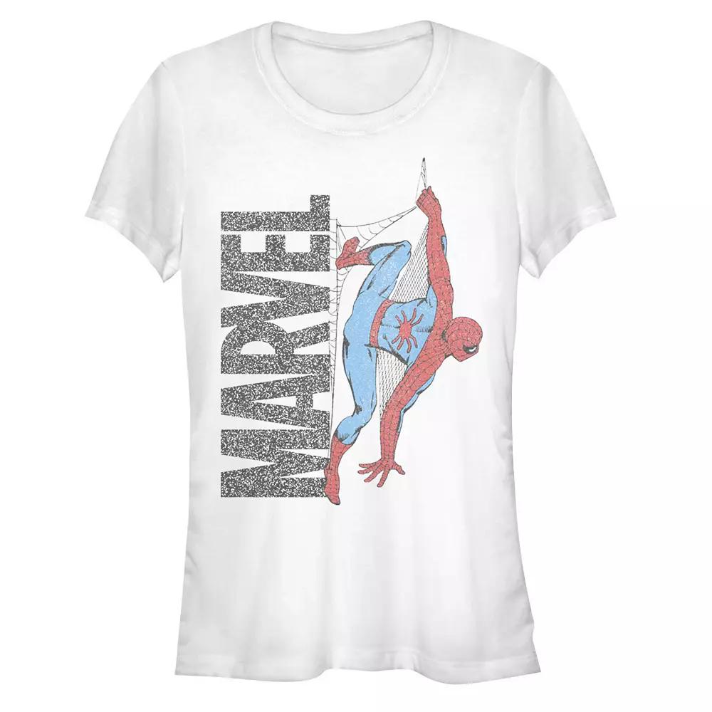 Juniors' Spider-Man Hanging From The Marvel Logo Graphic Tee, Girl's, Size: XL, White Product Image