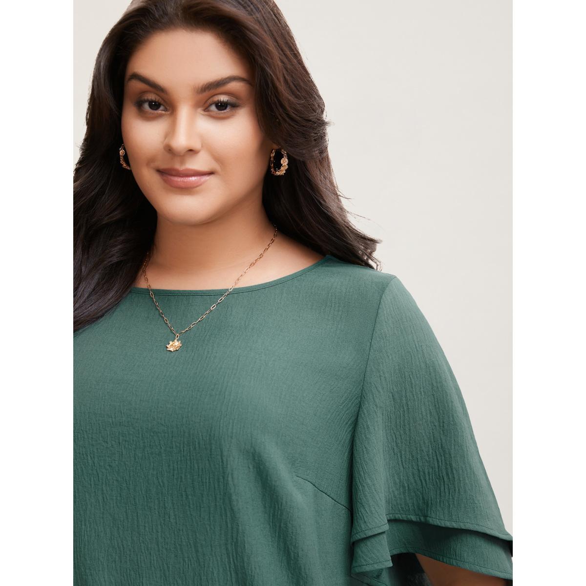Plus Size Emerald Solid Tiered Ruffles Split Hem Blouse Women Elegant Half Sleeve Boat Neck Everyday Blouses BloomChic 28/5X Product Image