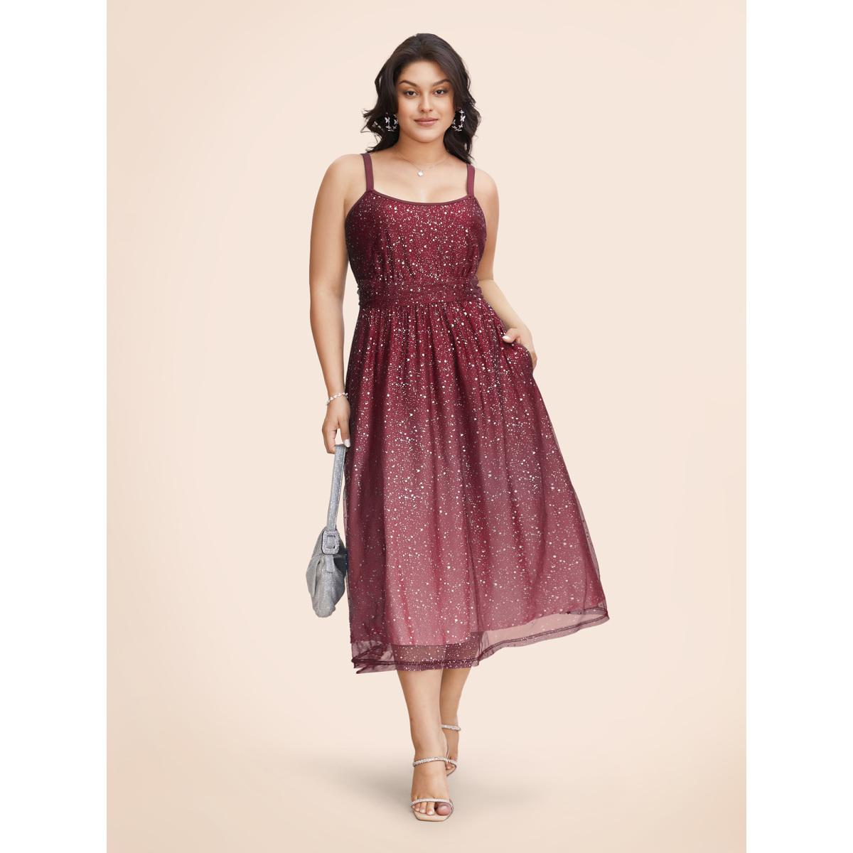 Plus Size Ombre Glitter Mesh Cami Midi Dress Burgundy Women Formal Texture U-neck Sleeveless Curvy BloomChic 12/L Product Image