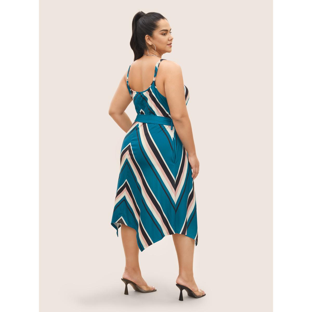 Plus Size Striped Geometric Belted Adjustable Straps Dress Cerulean Women Casual Non U-neck Sleeveless Curvy Midi Dress BloomChic 14-16/1X Product Image