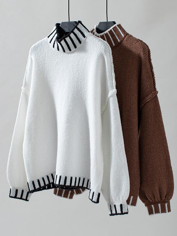 Long Sleeves Loose Contrast Color Split-Joint High Neck Pullovers Sweater Tops Product Image