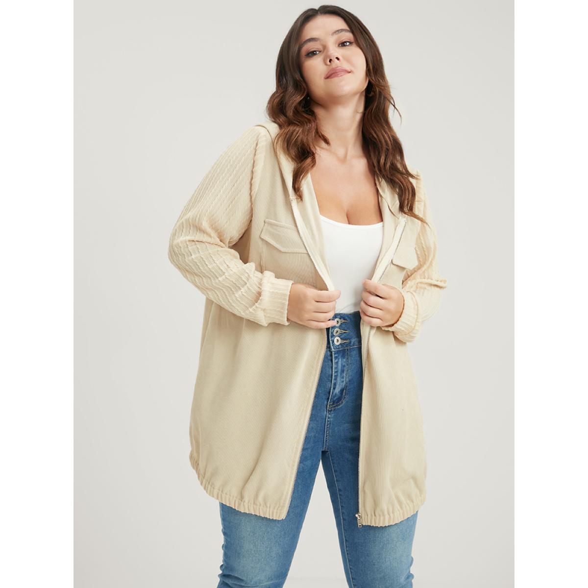 Plus Size Solid Flap Pocket Zip Up Hooded Coat Women Beige Casual Patchwork Ladies Dailywear Winter Coats BloomChic 10/M Product Image