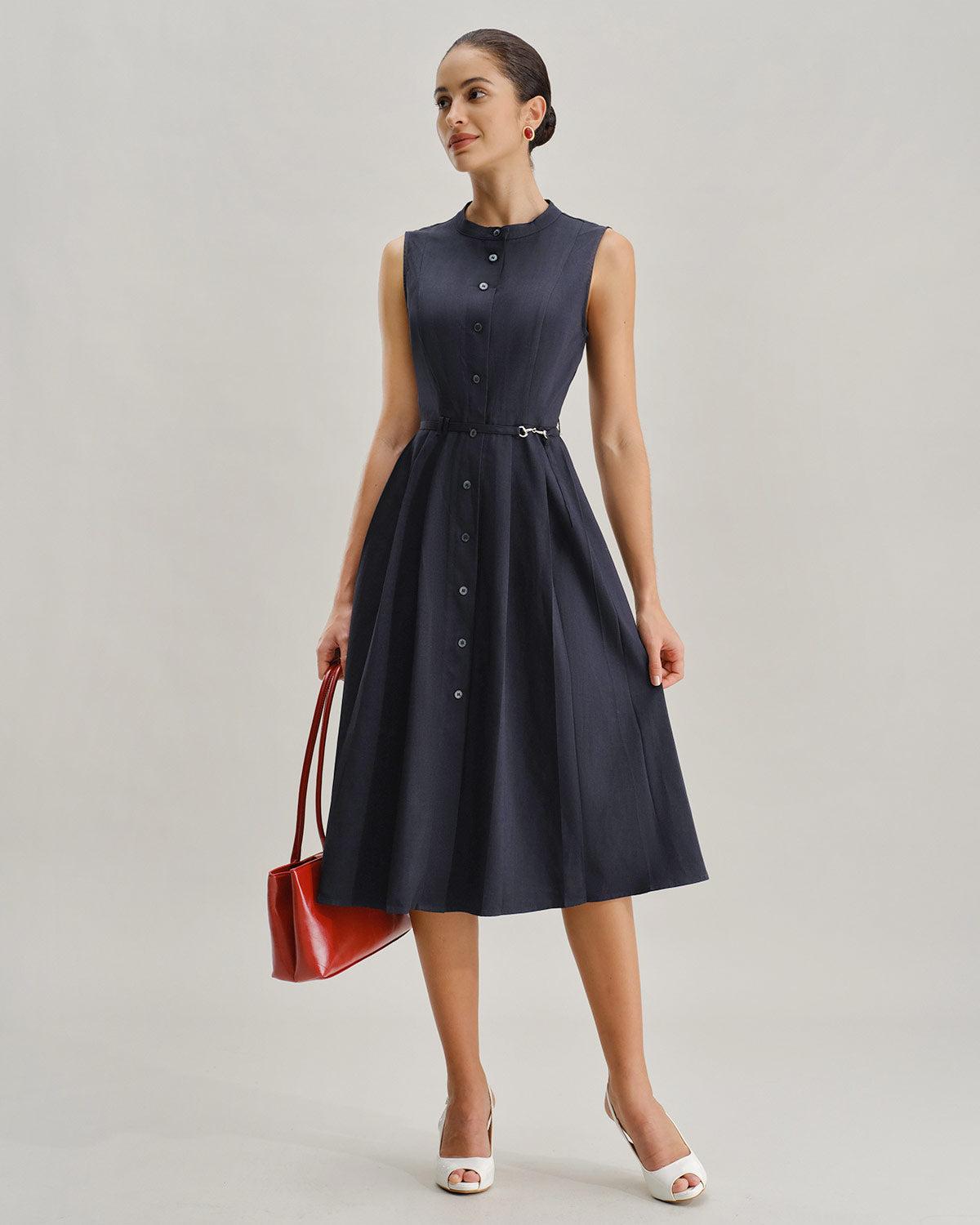 Navy Mock Neck High Waist Midi Dress Product Image