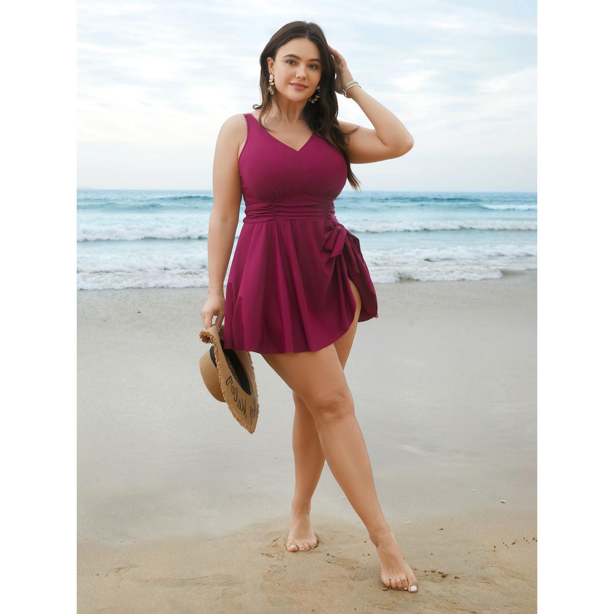 Plus Size Ruched Side-Tie Adjustable Swim Dress Women's Swimwear RedViolet Beach Bodycon U-neck High stretch Curve Swim Dresses BloomChic 26/4X Product Image