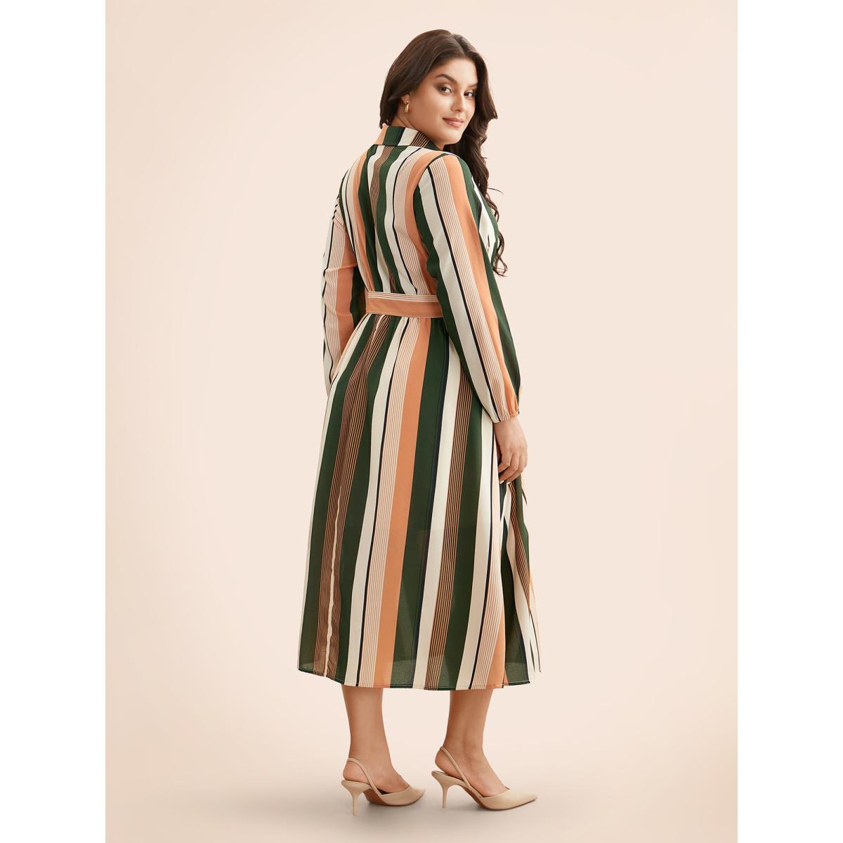 Plus Size Contrast Striped Belted Midi Dress Multicolor Women At the Office Belted Shirt collar Long Sleeve Curvy BloomChic 28/5X Product Image