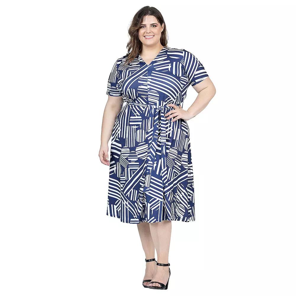 Plus Size 24Seven Comfort Apparel Short Sleeve Tie Waist Midi Dress, Women's, Size: 3XL, Blue Team Product Image