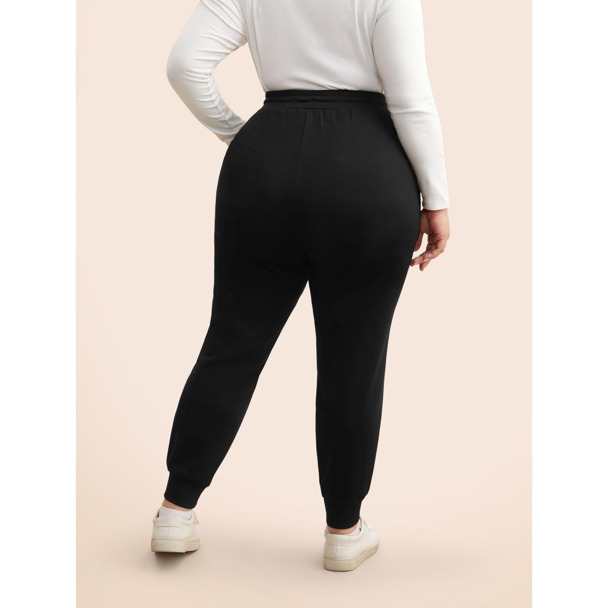 Plus Size Plain Drawstring Medium Stretch Pants Women Black Casual Mid Rise Everyday Pants BloomChic 18-20/2X Product Image