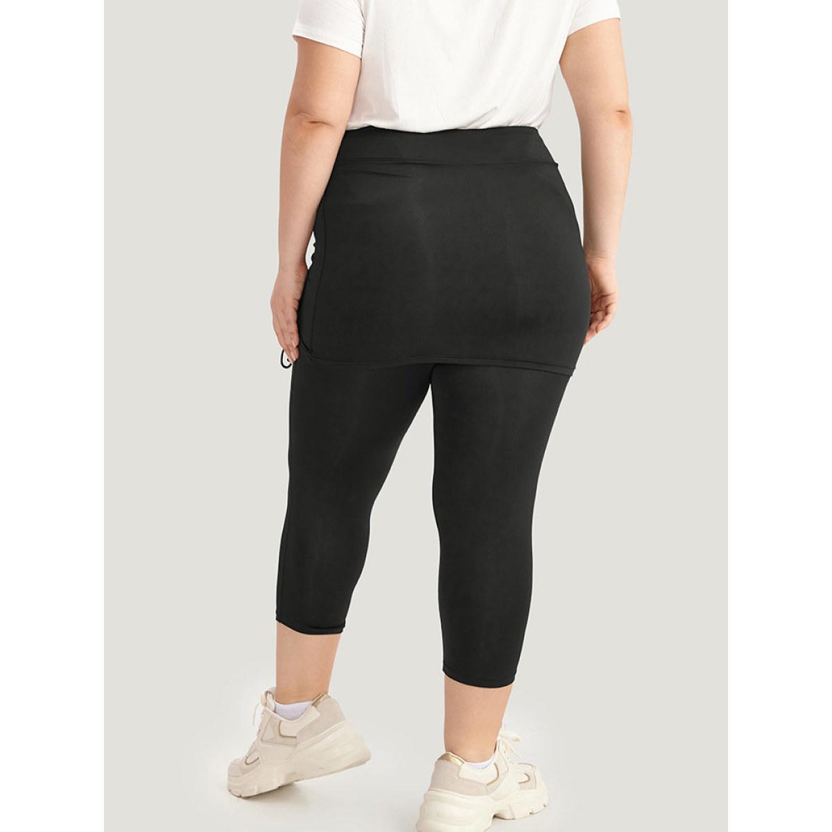 Plus Size Plain Drawstring Gathered Paperbag Waist Leggings Women Black Casual High stretch Skinny High Rise Dailywear Leggings BloomChic 12/L Product Image