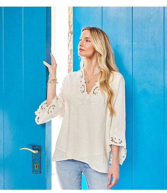 Karen Kane Linen Blend Embroidered V-Neck 3/4 Sleeve Asymmetric Top Product Image