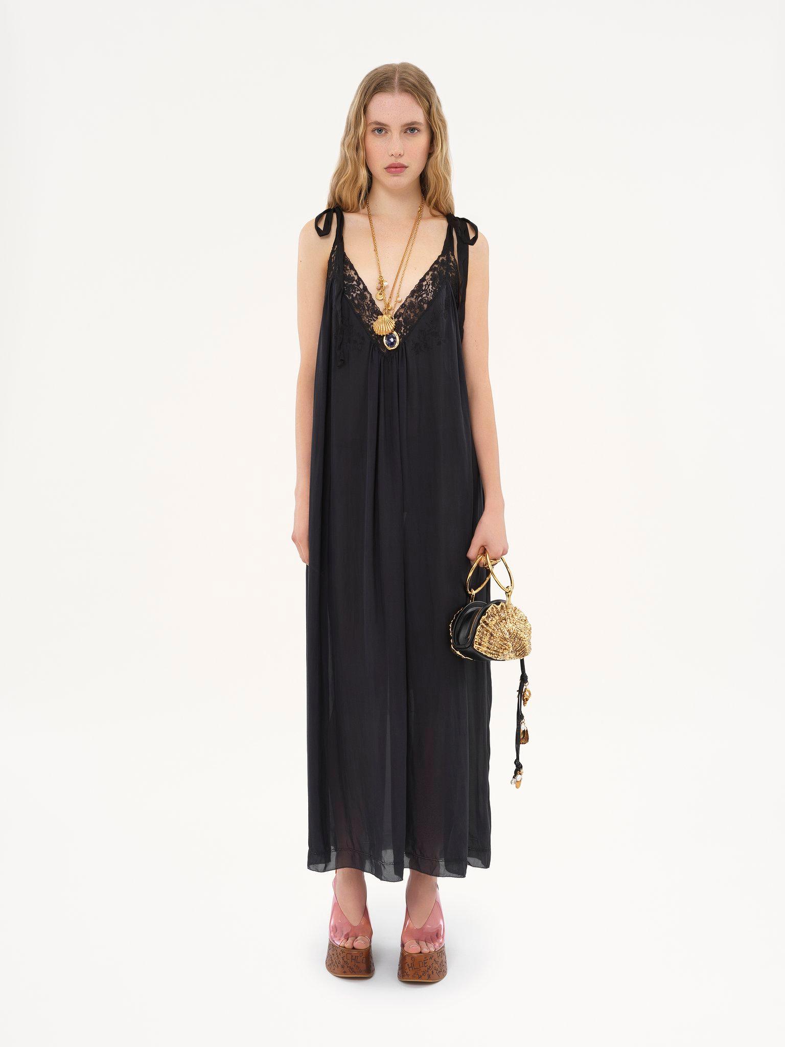 Long slip dress in silk charmeuse & lace Product Image