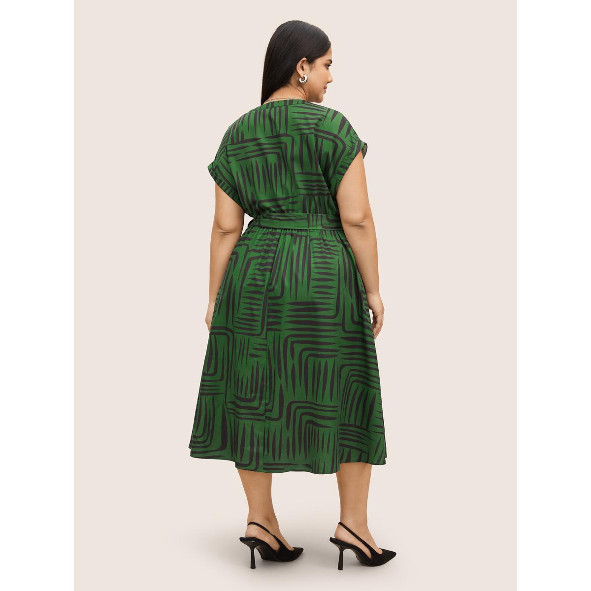 Plus Size Geometric Button Detail Cuffed Sleeve Dress DarkGreen Women At the Office Belted V-neck Short sleeve Curvy BloomChic 12/L Product Image