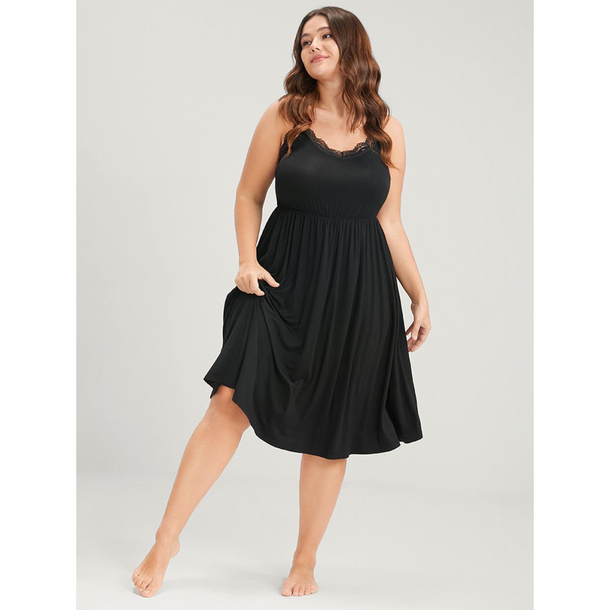 Plus Size Solid Lace Trim Backless Spaghetti Strap Dress Women Black Elegant Plain Lace V-neck Loungewear BloomChic 10/M Product Image