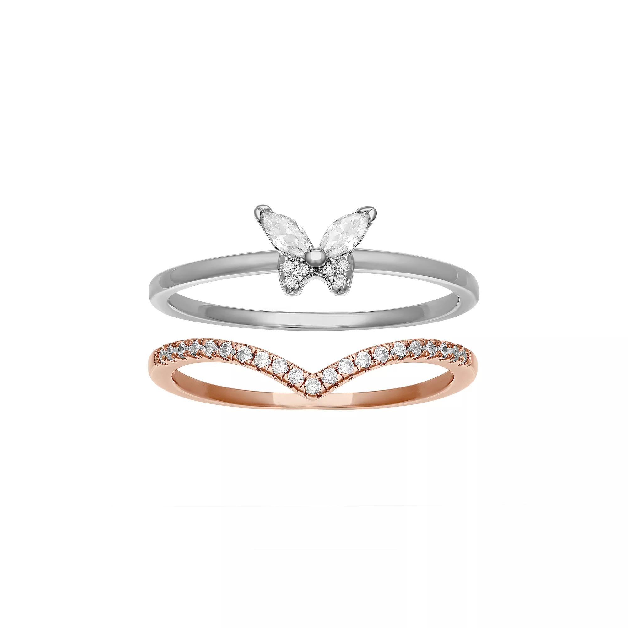 PRIMROSE Two Tone Sterling Silver Cubic Zirconia Butterfly & V-Shape Duo Ring Set, Women's, Size: 7, Two Tone Pink Clear Product Image