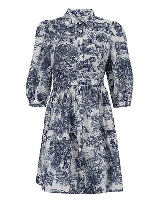 Loose Puff Sleeves Pleated Printed Split-Joint Tied Waist Lapel Mini Dresses Shirt Dress Product Image