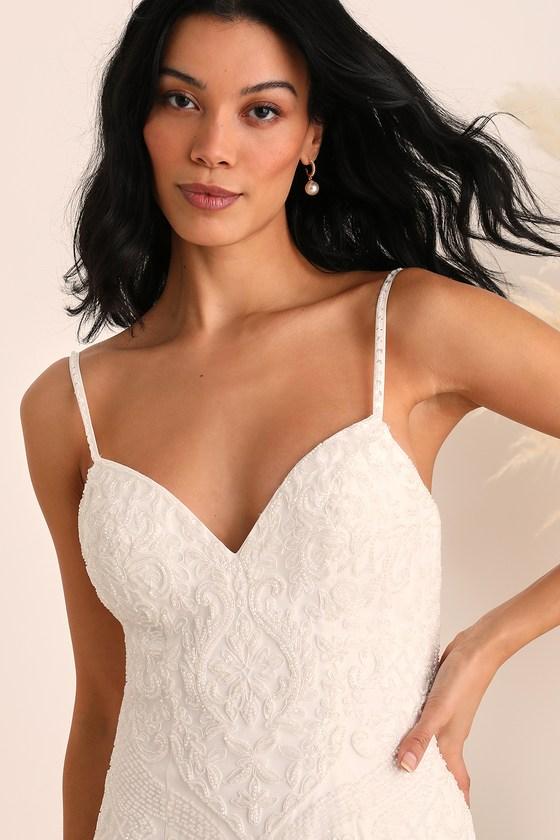 Dream Romance White Beaded Tulle Trumpet Maxi Dress Product Image