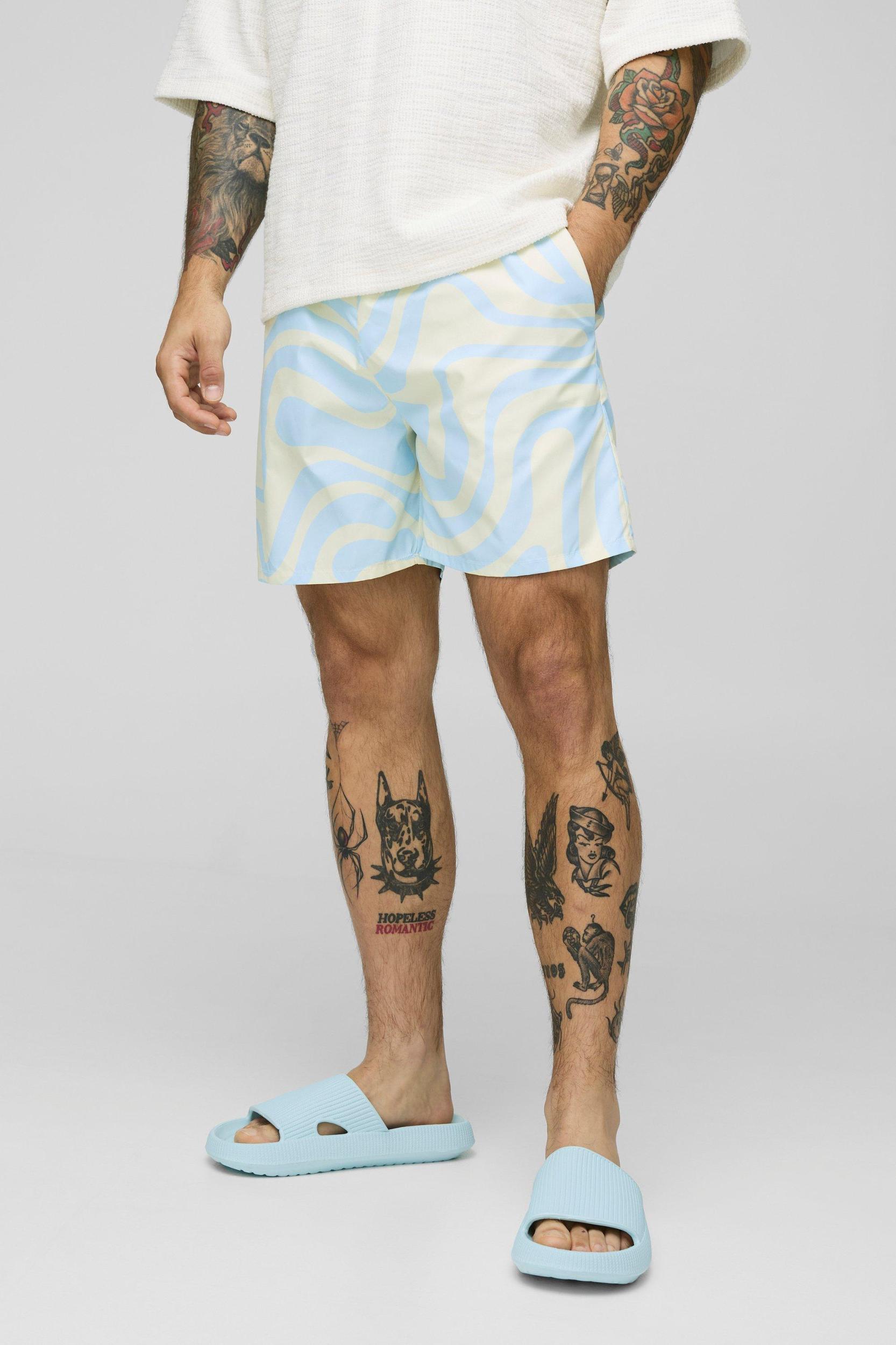 Mid Length Abstract Print Swim Trunks | boohooMAN USA Product Image