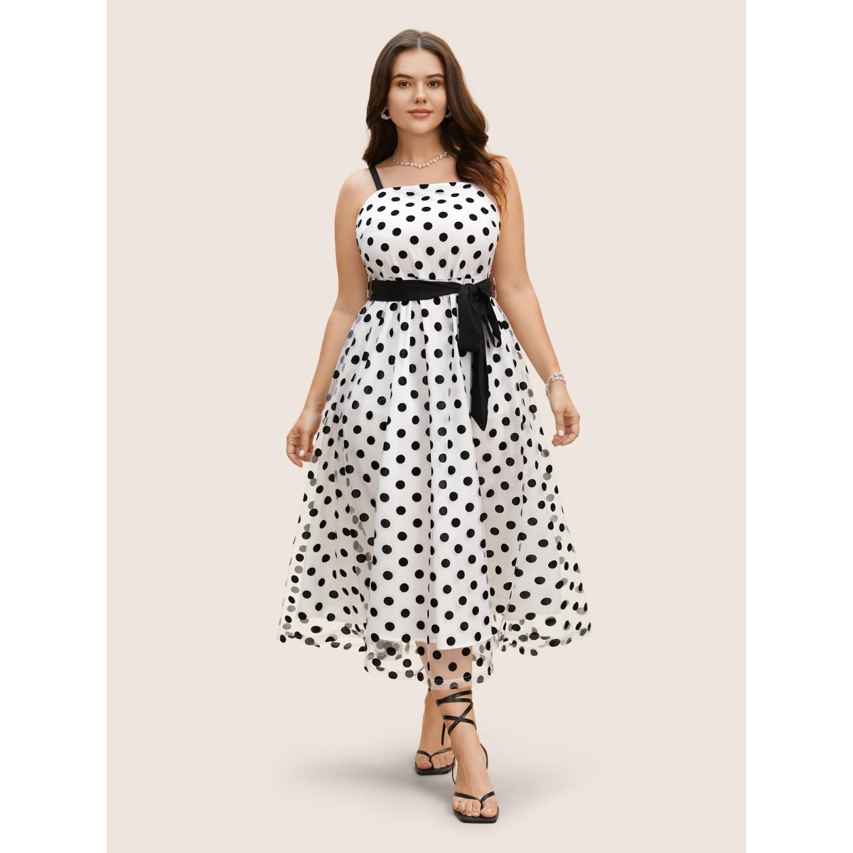 Plus Size Polka Dot Mesh Belted Cami Dress WhiteSmoke Women Elegant Woven ribbon&lace trim Non Sleeveless Curvy BloomChic 10/M Product Image