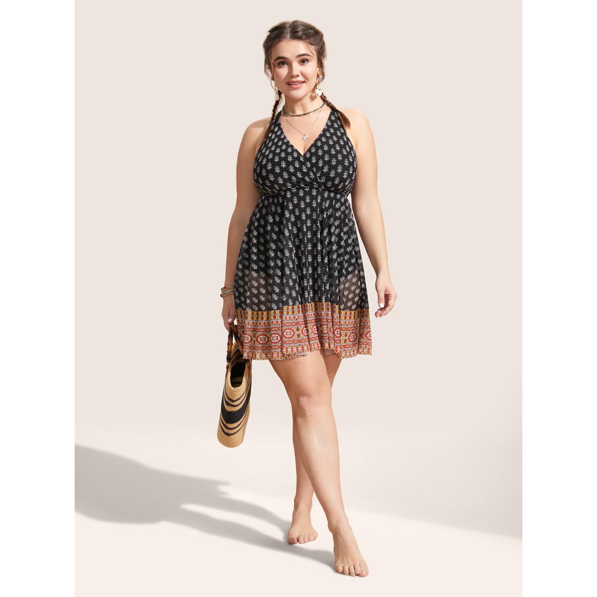 Plus Size Overlap Collar Boho Print Patchwork Swim Dress Women's Swimwear Black Beach Bodycon Overlap Collar High stretch Curve Swim Dresses BloomChic 18-20/2X Product Image