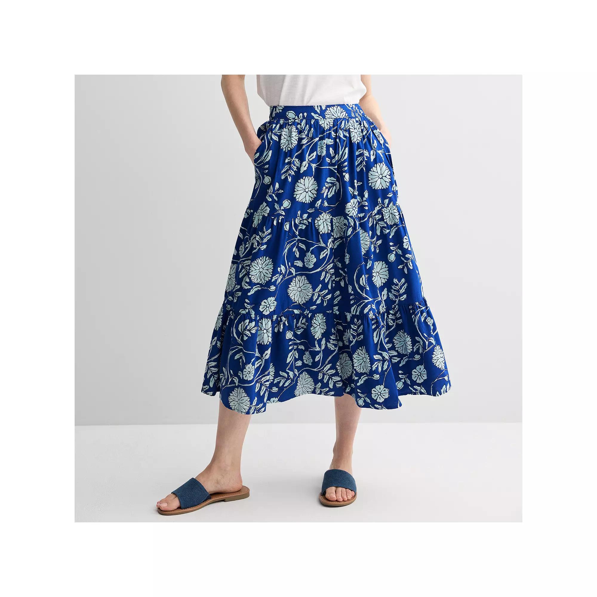 Women's Croft & Barrow® Floral Print Tiered Midi Skirt, Size: Large, Blue Vibrant Floral Product Image