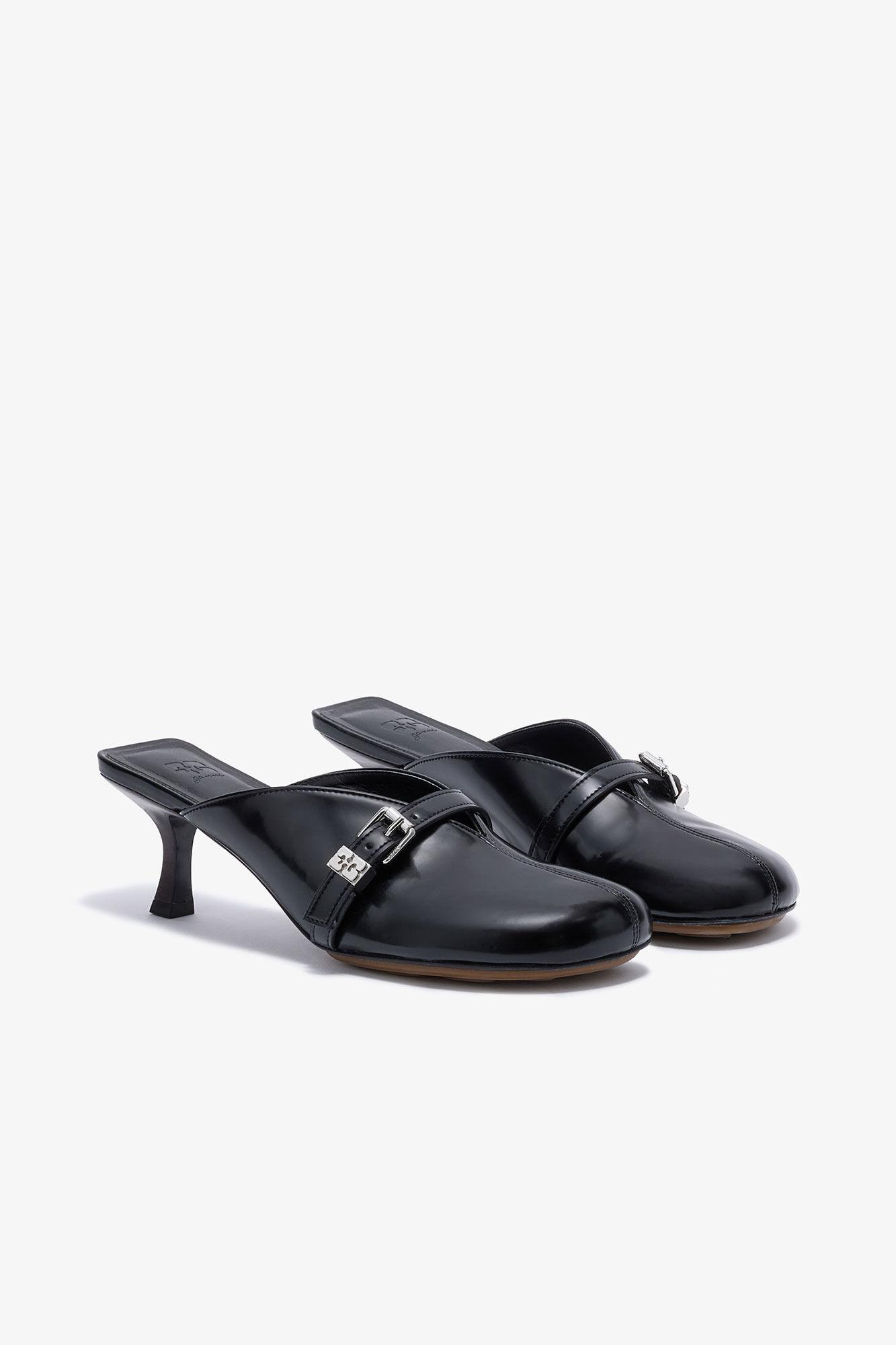 Sue Heeled Mules in Black Oleatex Product Image