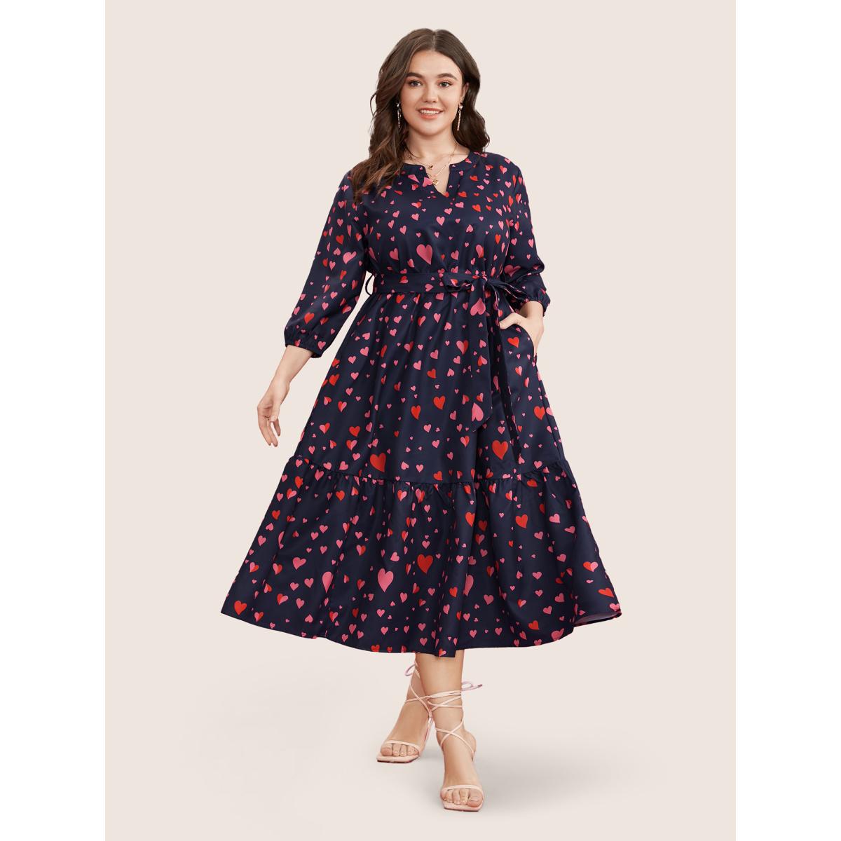 Plus Size Heart Print V Neck Pocket Belted Lantern Sleeve Ruffles Dress Navy Women Elegant Non V-neck Elbow-length sleeve Curvy Midi Dress BloomChic 10/M Product Image