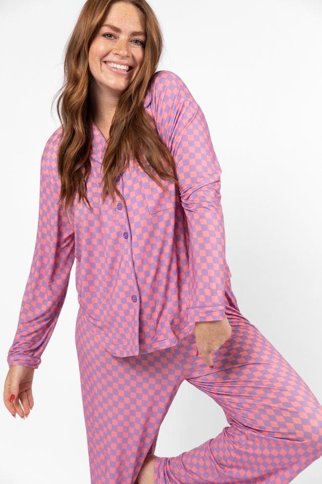 Good To Get Away Light Pink and Lilac Checkered Long Sleeve Pajama Top FINAL SALE Product Image