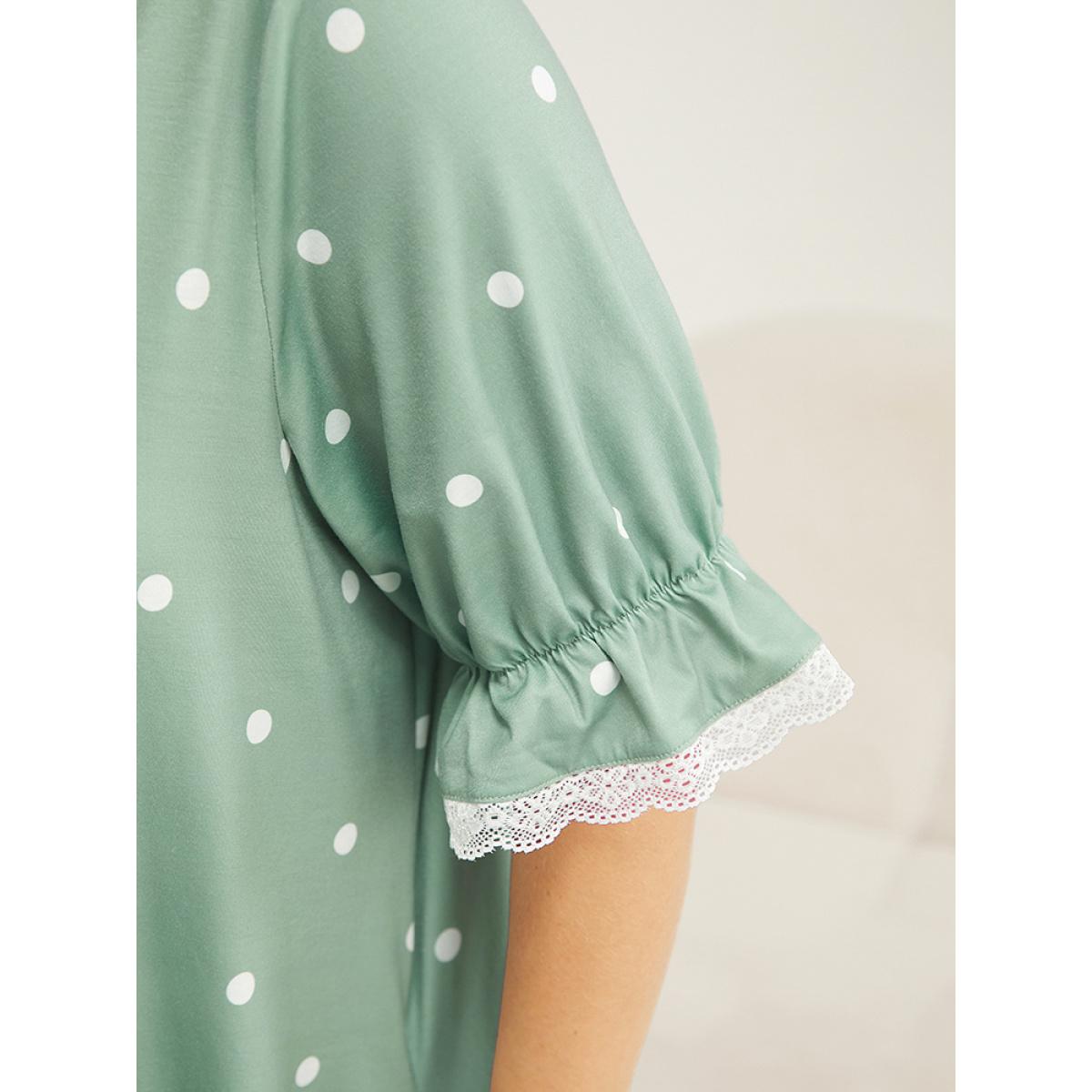 Plus Size Polka Dot Lace Ruffle Trim Pocket Sleep Dress Women Sage Elegant Polka Dot Lace Round Neck Pocket Loungewear BloomChic 12/L Product Image