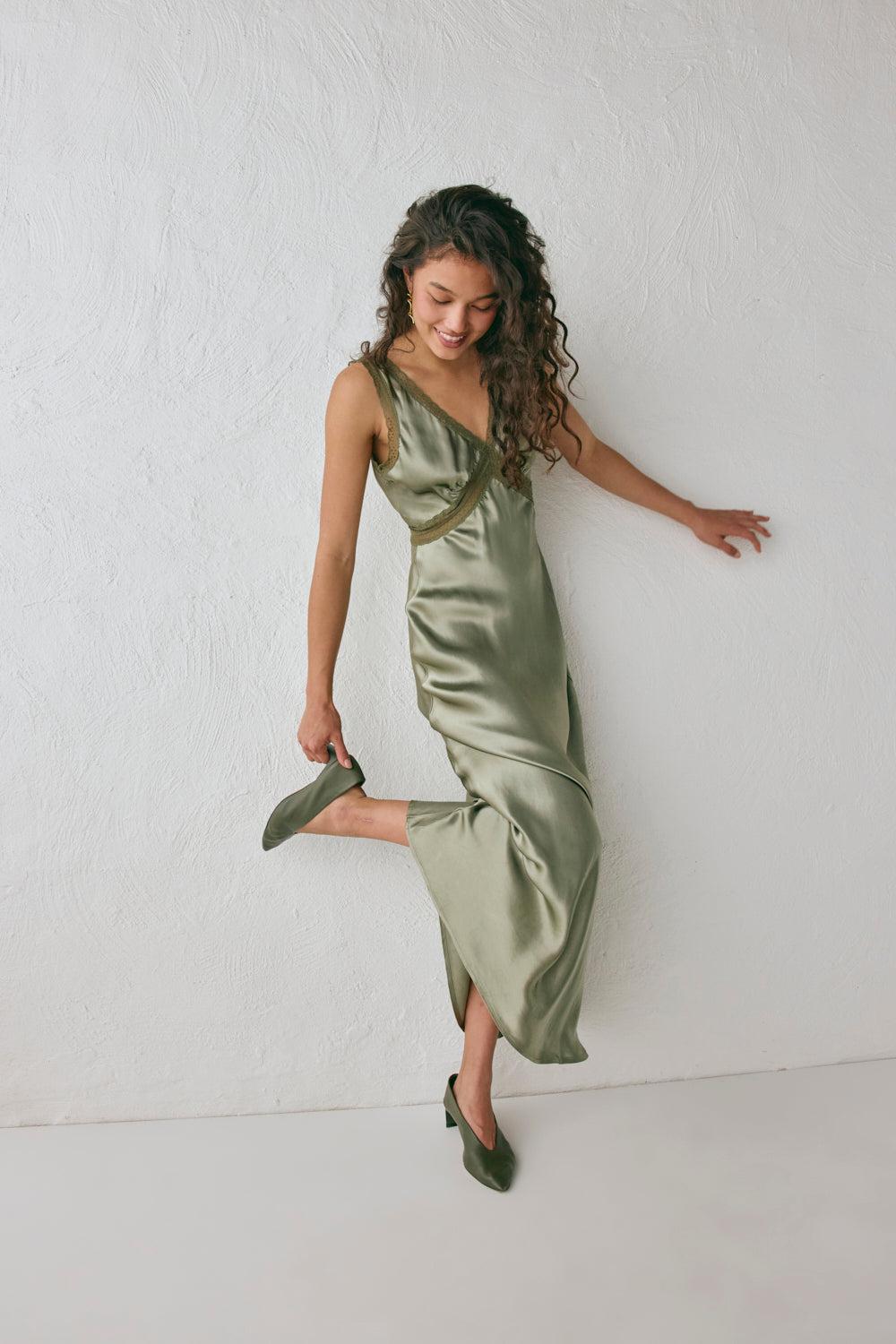 Meet Me On The Dance Floor Bias Cut Maxi Dress Olive Product Image