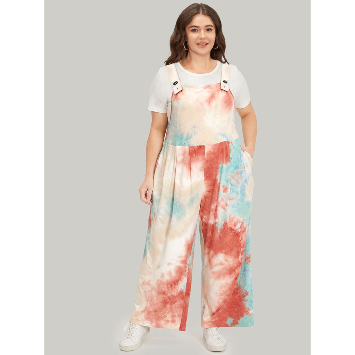 Plus Size Multicolor Tie Dye Pocket Button Adjustable Straps Jumpsuit Women Casual Sleeveless Spaghetti Strap Dailywear Loose Jumpsuits BloomChic 26/4X Product Image