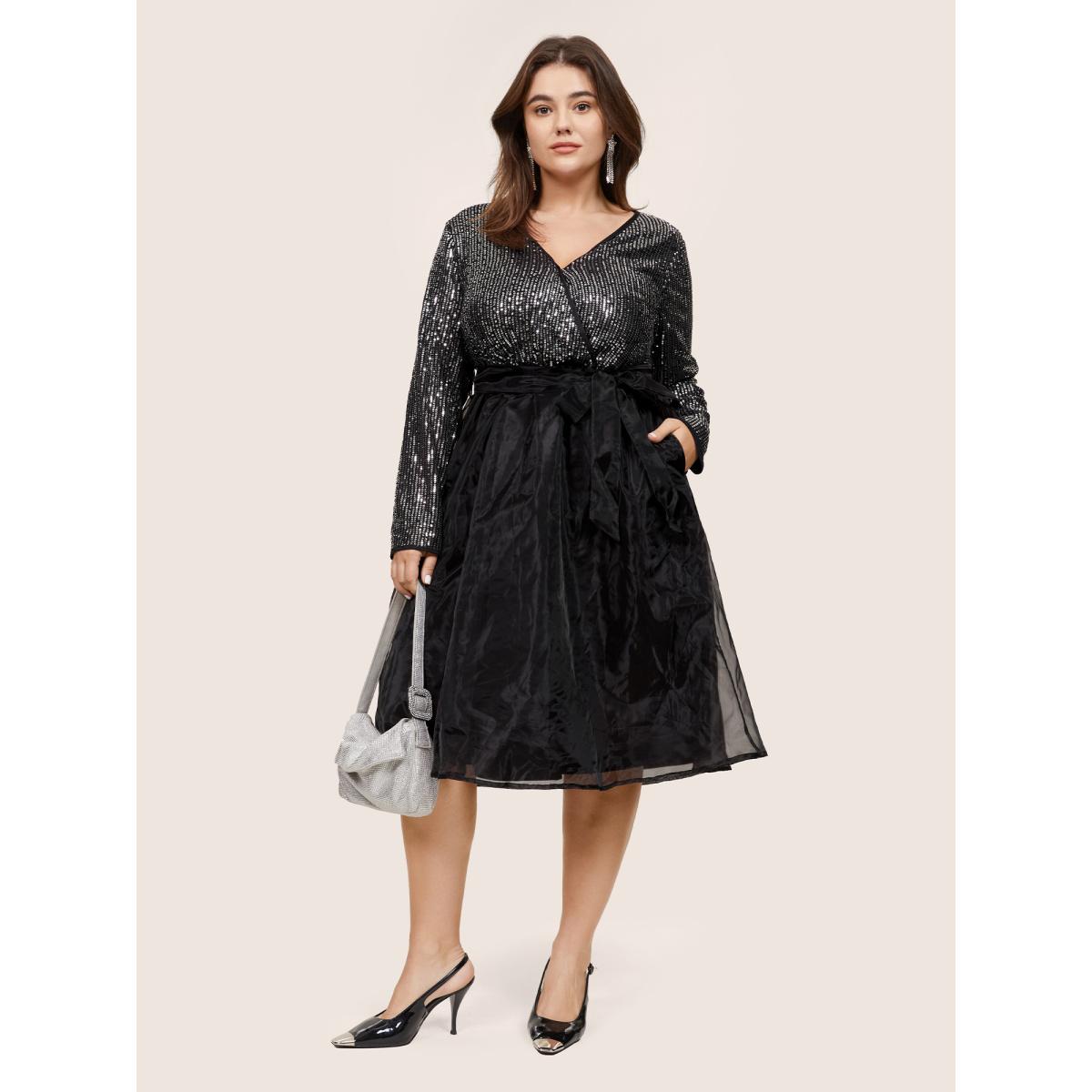 Plus Size Sequin Mesh Patchwork Wrap Belted Dress Black Women Cocktail Sequin Overlap Collar Long Sleeve Curvy Midi Dress BloomChic 26/4X Product Image