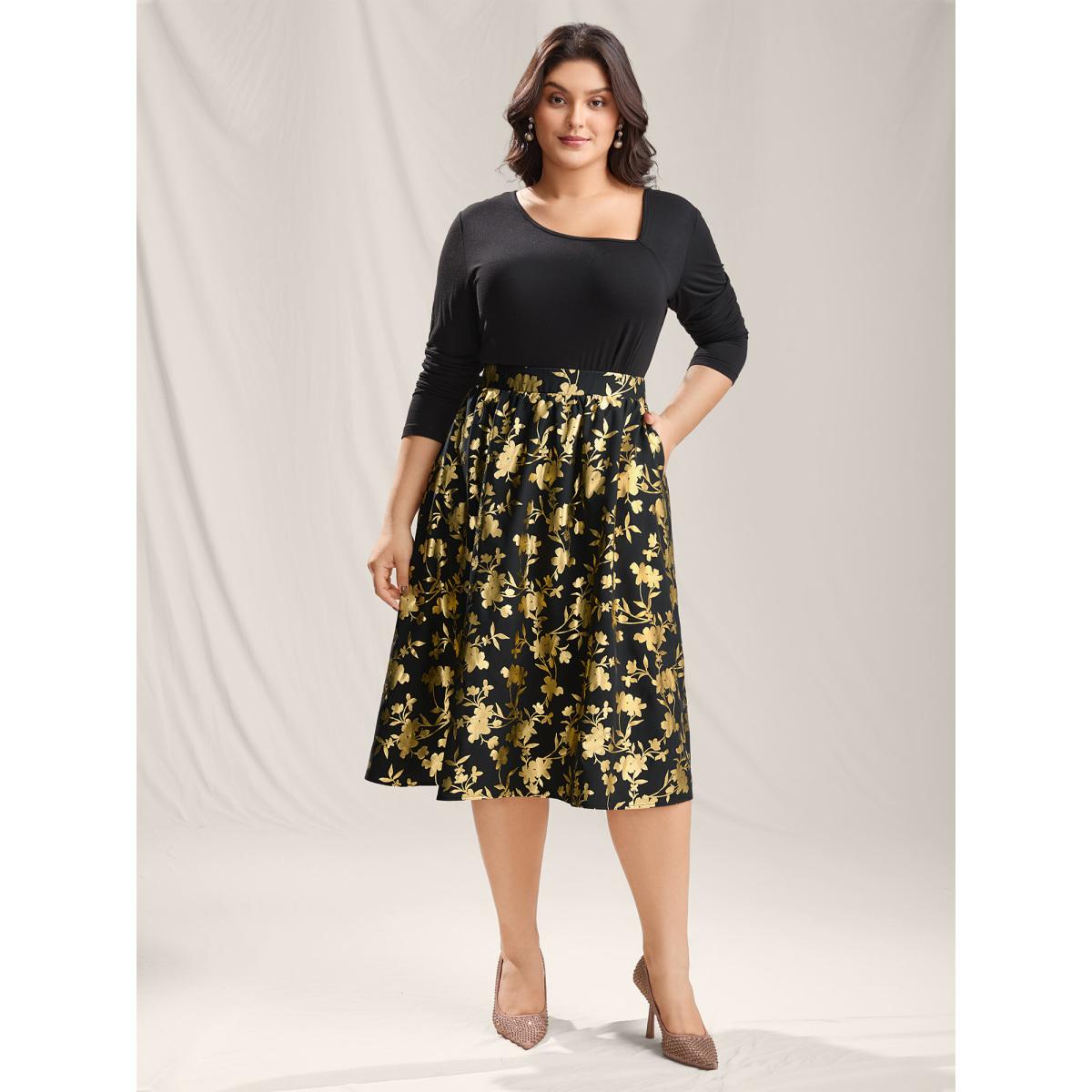 Plus Size Shimmery Floral Hot Stamping Midi Skirt Women Black Contrast Bodycon Low stretch Slanted pocket Party Skirts BloomChic 14-16/1X Product Image