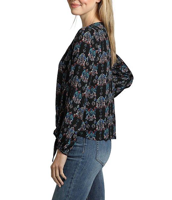 APNY Printed V-Neckline Long Sleeve Tie Front Top Product Image