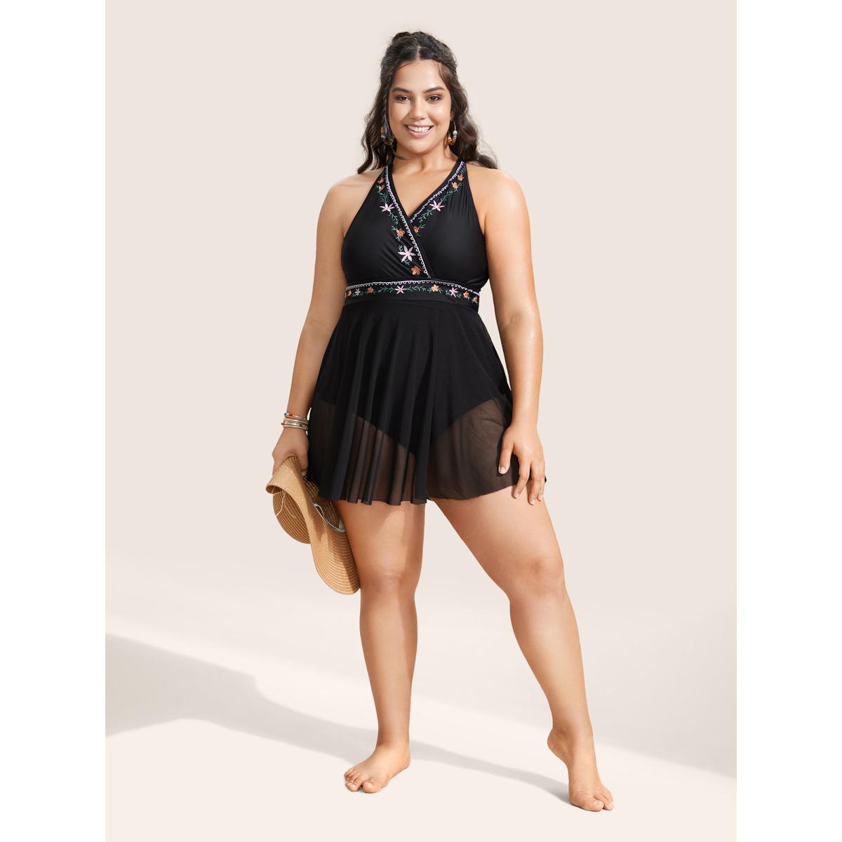 Plus Size Floral Embroidered Overlap Collar Swim Dress Women's Swimwear Black Beach Bodycon Overlap Collar High stretch Curve Swim Dresses BloomChic 14-16/1X Product Image