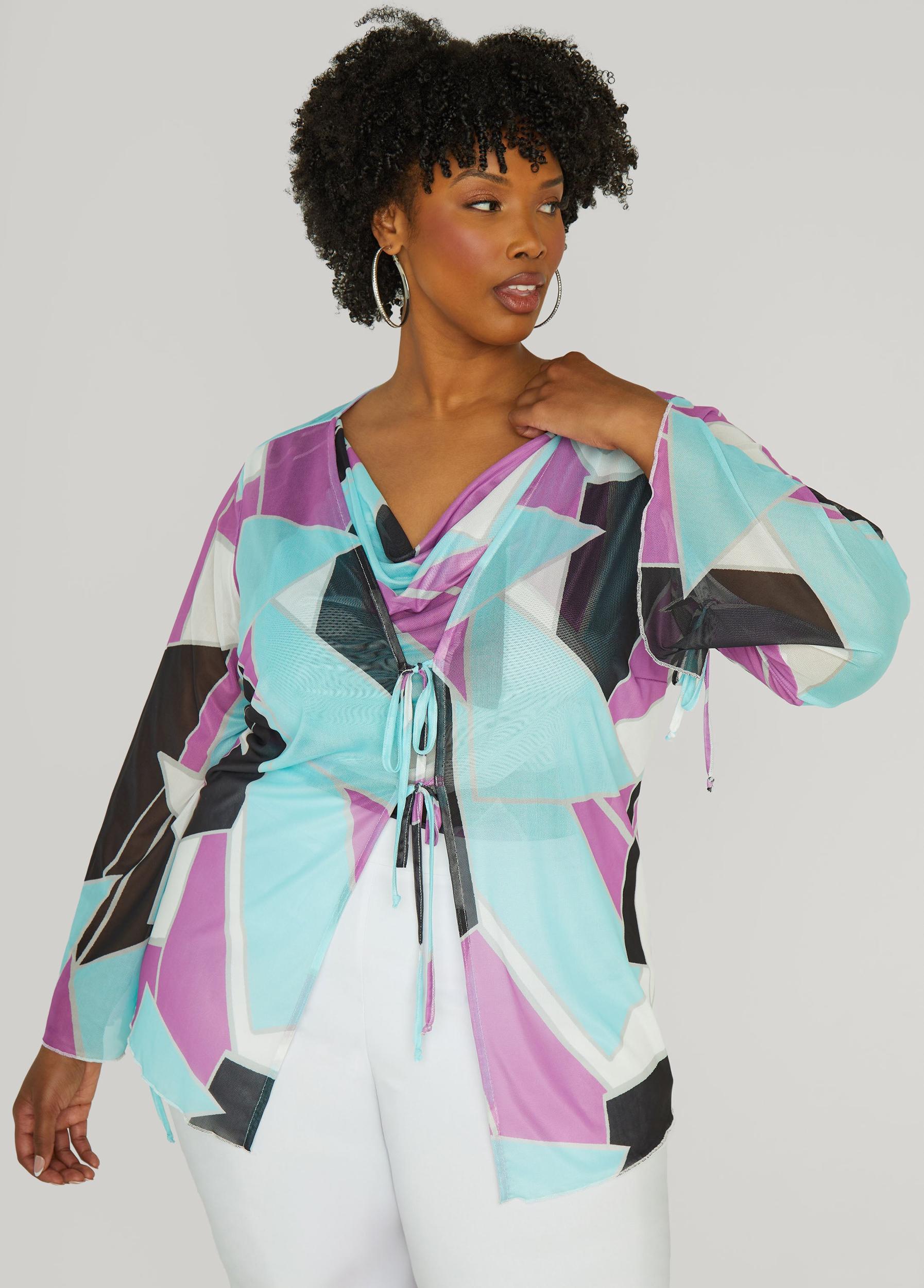 Plus Size Tie Front Abstract Mesh Top Ashley Stewart Product Image