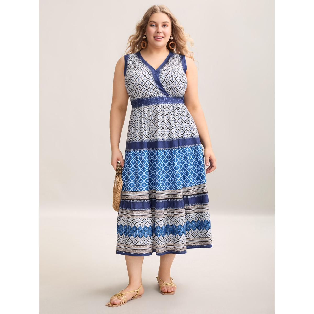 Plus Size Boho Pattern Spliced Sleeveless Midi Dress Indigo Women Resort Non V-neck Sleeveless Curvy BloomChic 10/M Product Image
