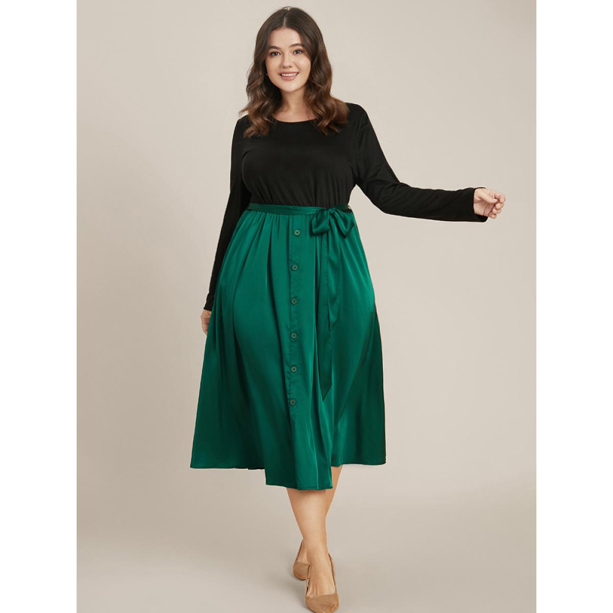 Plus Size Solid Round Neck Pocket Button Detail Belted Satin Dress DarkGreen Women Office Patchwork Round Neck Long Sleeve Curvy Midi Dress BloomChic 26/4X Product Image