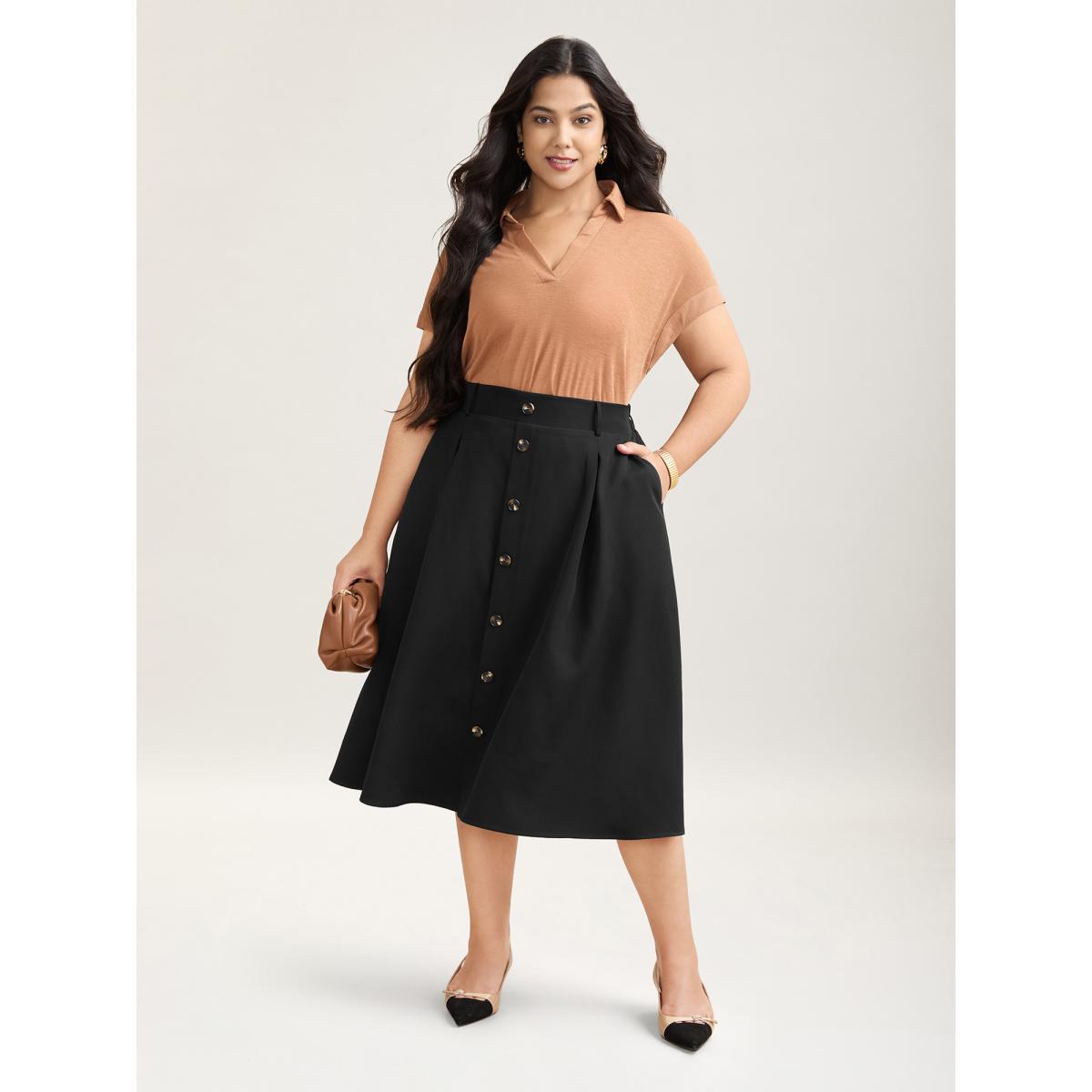Plus Size Buckled Button Front Pleated Midi Skirt Women Black At the Office Pleated Low stretch Slanted pocket Work Skirts BloomChic 14-16/1X Product Image