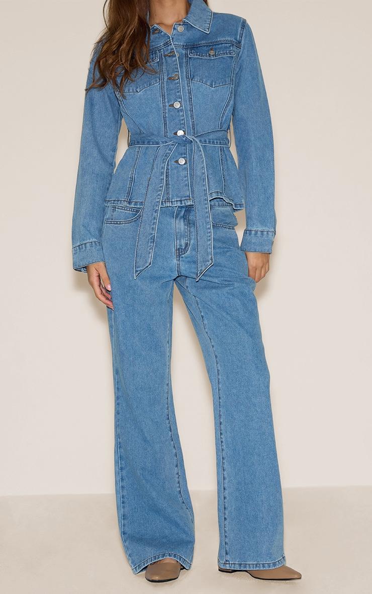 Light Blue Mid Waist Contrast Stitch Flared Jeans Product Image