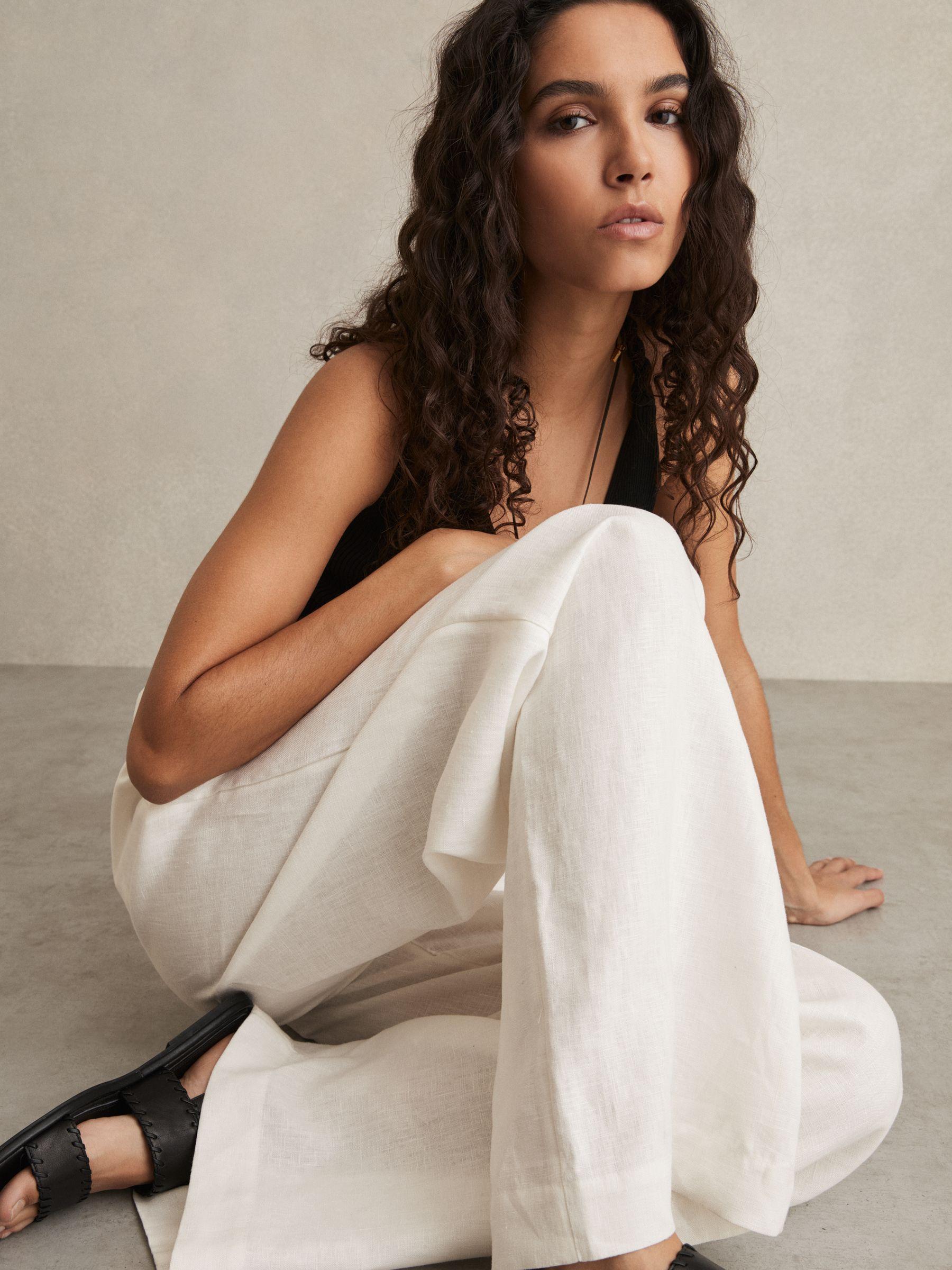 Petite Linen Belted Wide-Leg Trousers in White Product Image