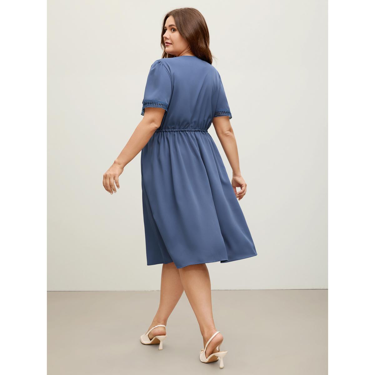 Plus Size Lace Trim Waist-Drawstring Solid Midi Dress Mediumblue Women V-neck Short sleeve Curvy BloomChic 10/M Product Image