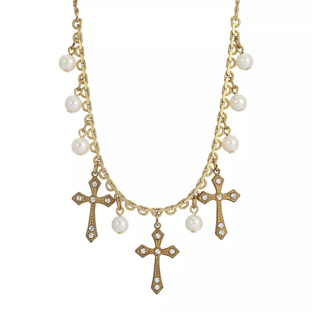 Symbols of Faith Triple-Cross Faux-Pearl Drop Necklace, Womens, White Product Image