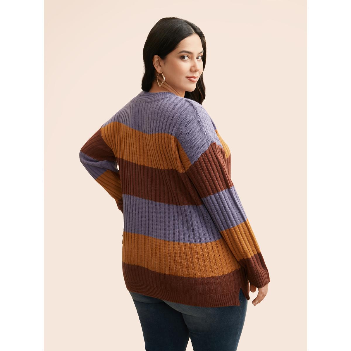 Plus Size Colorblock Contrast Split Hem Pullover Browncoffeecolor Women Casual Loose Long Sleeve Round Neck Everyday Pullovers BloomChic 22-24/3X Product Image
