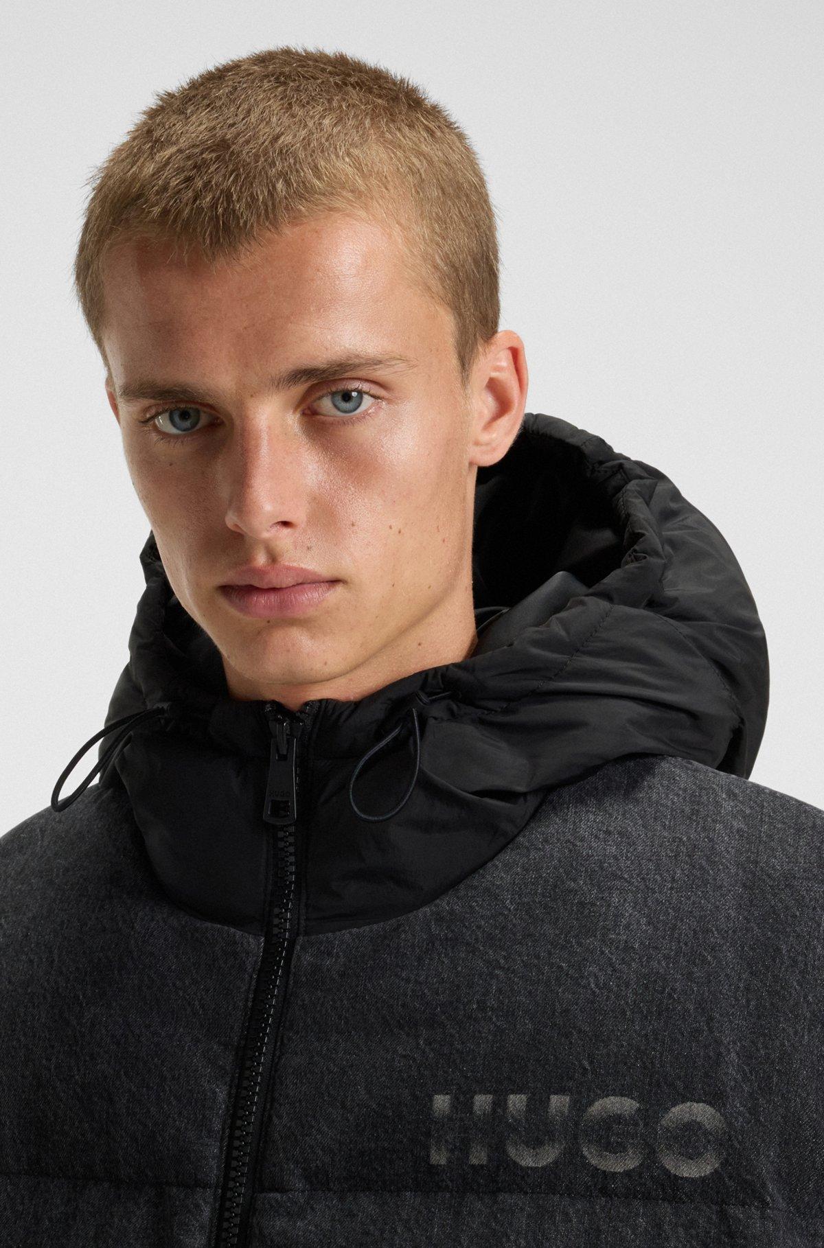 Relaxed-fit padded jacket in black denim with logos Product Image