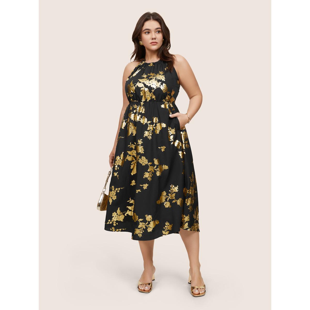 Plus Size Glitter Pocket Halter Keyhole Midi Dress Black Women Glamour Printed Round Neck Sleeveless Curvy Midi Dress BloomChic 10/M Product Image