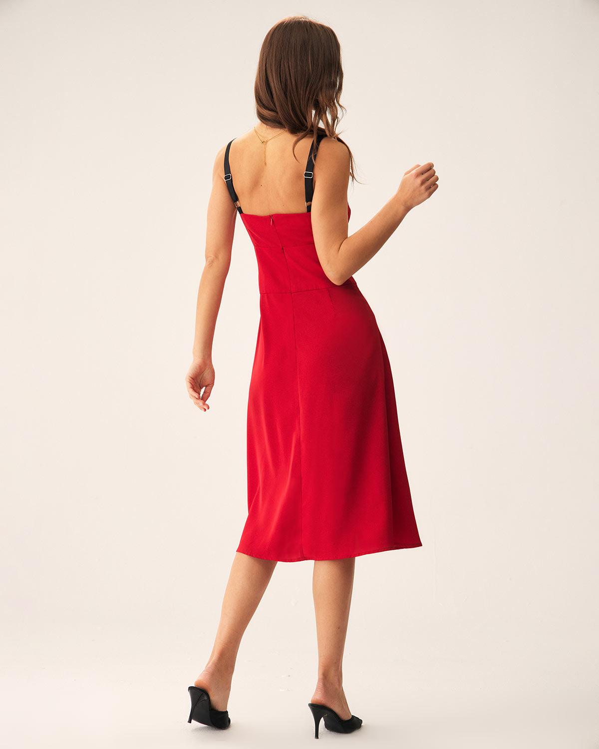Red Contrast Slit Slip Midi Dress Product Image