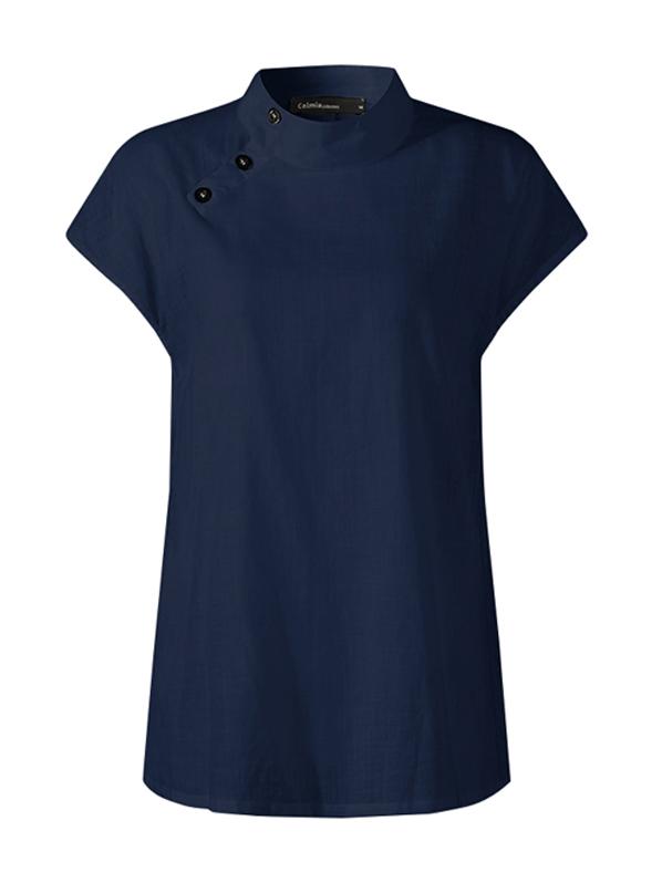 Solid Color Stand Collar Cap-Sleeve Shirts Product Image