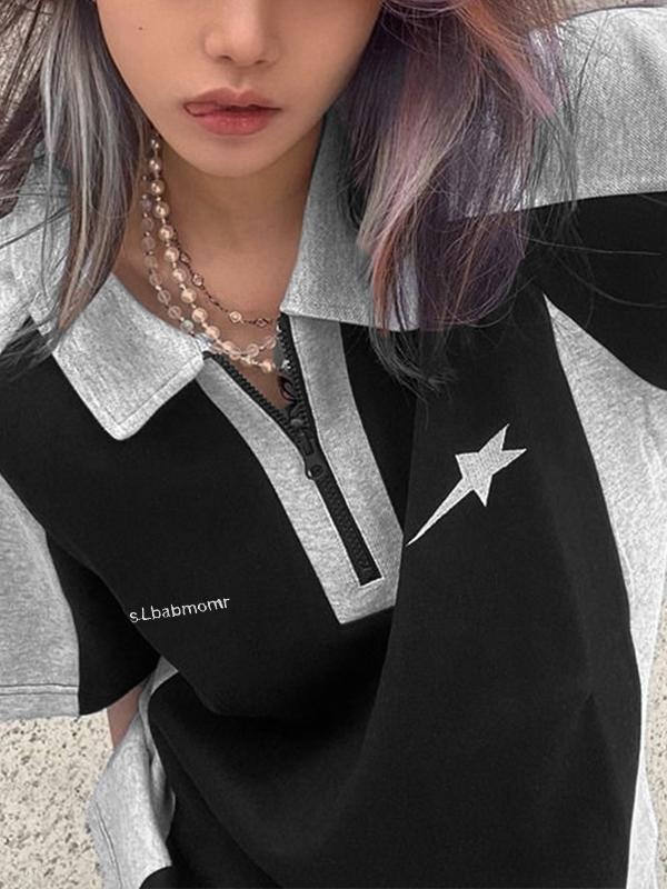 Vintage Print Zipper Lapel Oversized Short Sleeve Tee Product Image