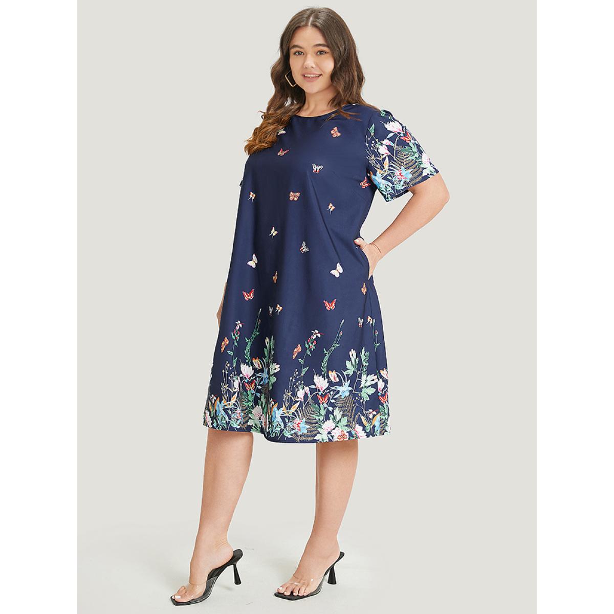 Plus Size Butterfly & Floral Round Neck Print Pocket Knee Dress Indigo Women Vacation Pocket Round Neck Short sleeve Curvy Knee Dress BloomChic 22-24/3X Product Image