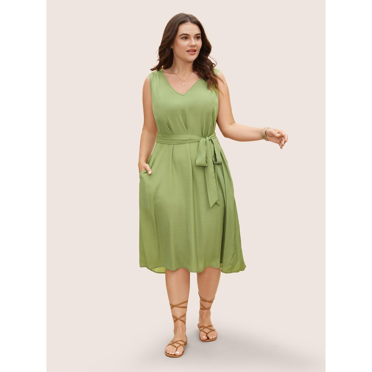 Plus Size Solid Back Cut Out Belted Dress Palemauve Women Resort Belted V-neck Sleeveless Curvy BloomChic 12/L Product Image