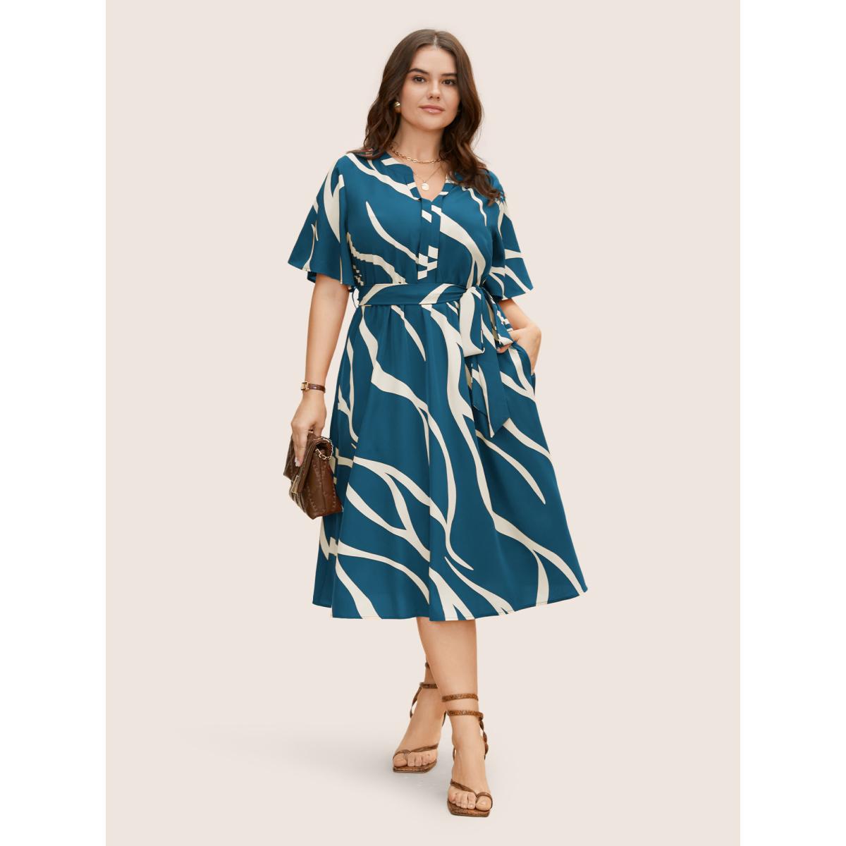 Plus Size Geometric Surplice Neck Tie Knot Midi Dress Aegean Women Office Belted Flat collar with V-notch Short sleeve Curvy BloomChic 14-16/1X Product Image